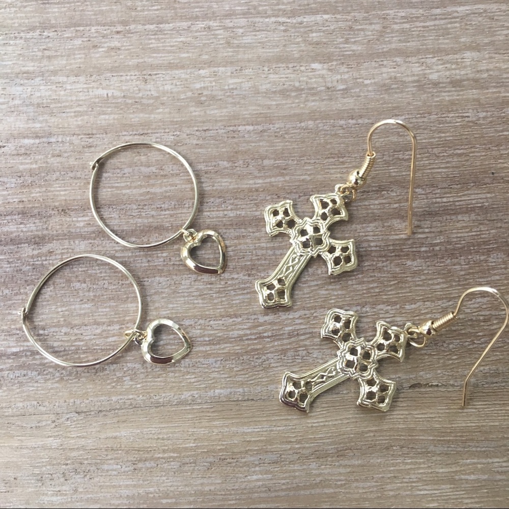 Set of 2 Gold Earrings, Heart Hoop & Cross Hook